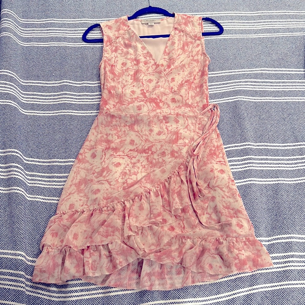 ALL SAINTS - Pink Wrap Dress - Floral Rose Design - Ruffles - Size XS